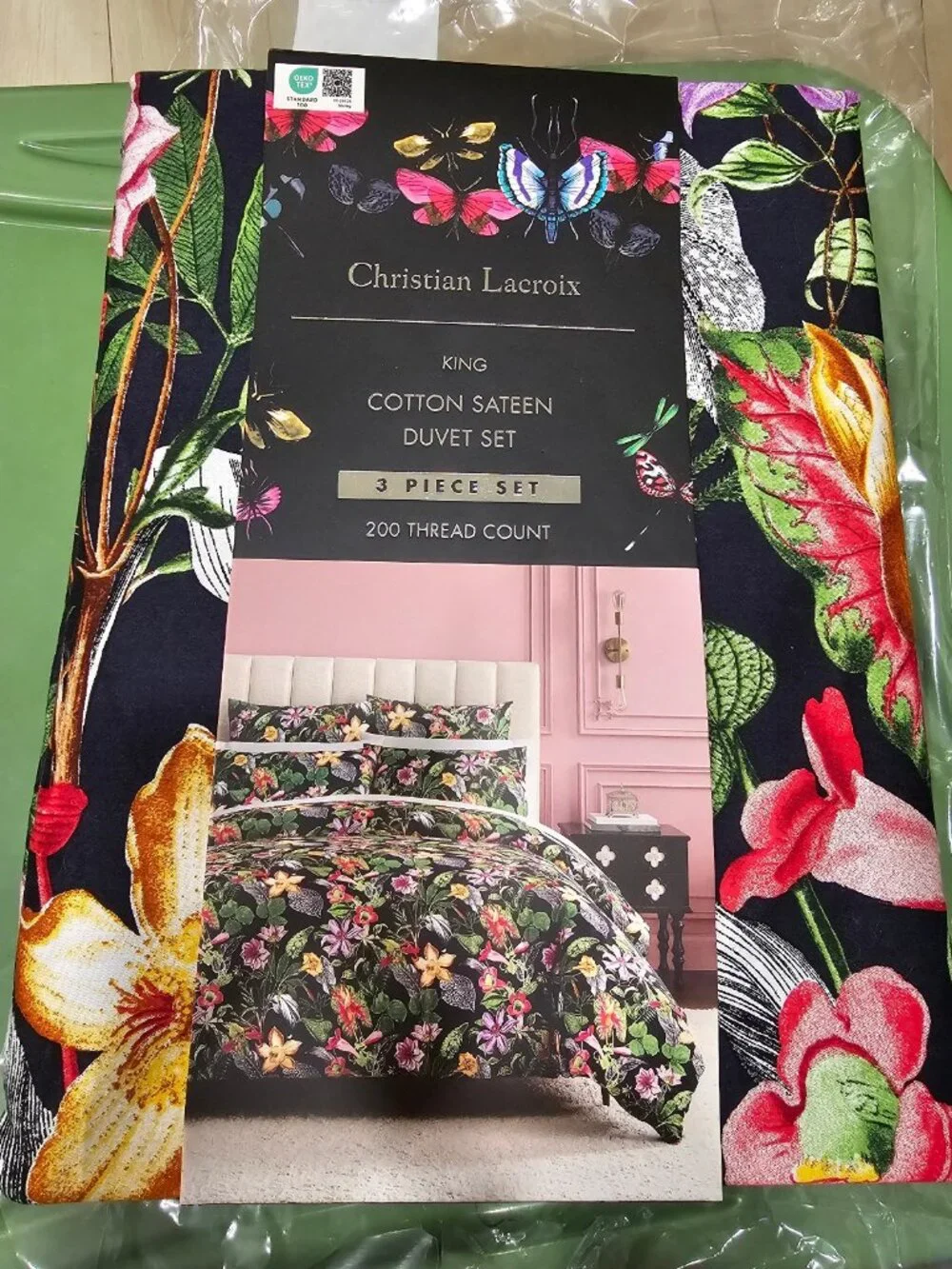 Christian Lacroix King Duvet Cover Set Cotton Tropical Floral Navy Blue NWT